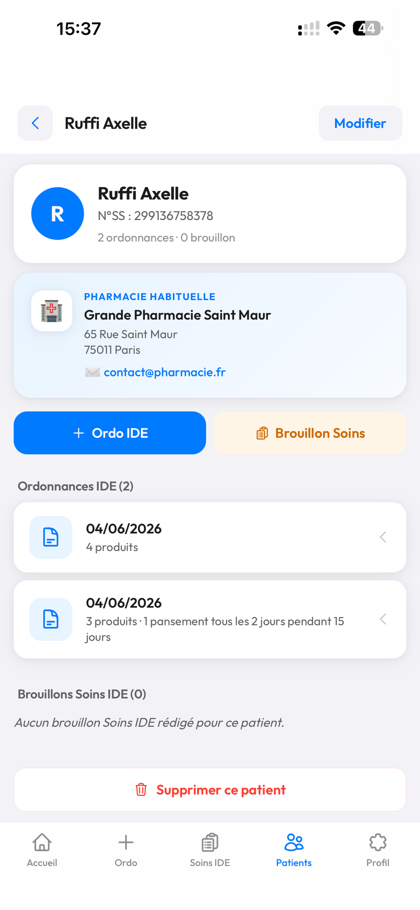 Fiche patient avec historique