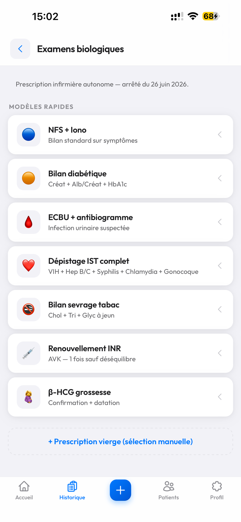 Sélection des examens biologiques dans MyOrdo