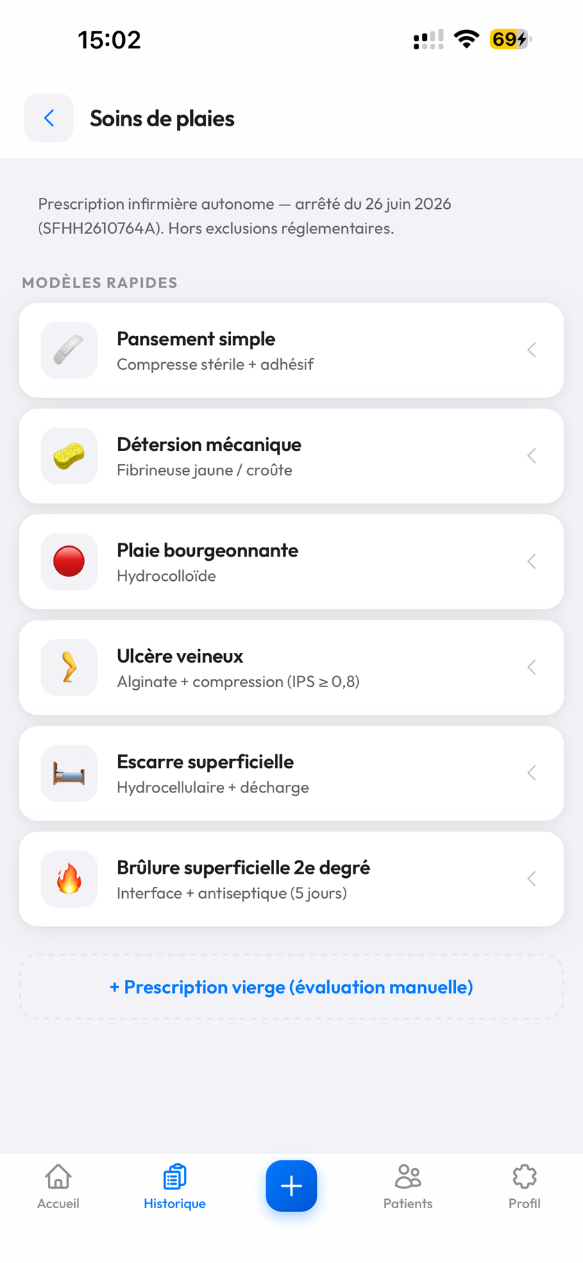 Prescription de soins de plaies dans MyOrdo